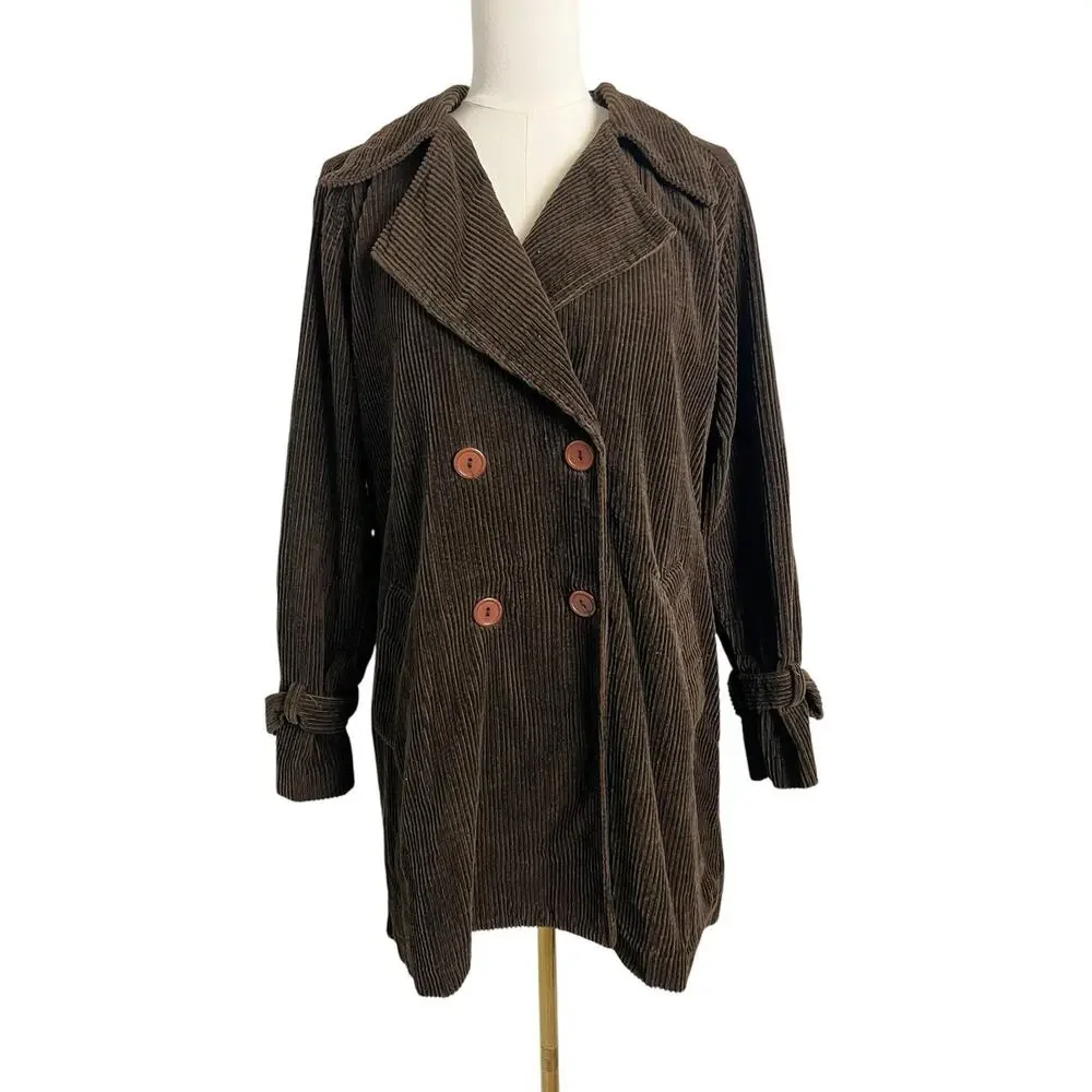Sans Souci Trench Coat Womens Medium Brown Corduroy Belted Double Breast Jacket